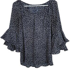 Ralph Lauren Womens Boho Top M Ditsy Dark Floral Ruffle Bell Sleeve Fairy Flowy